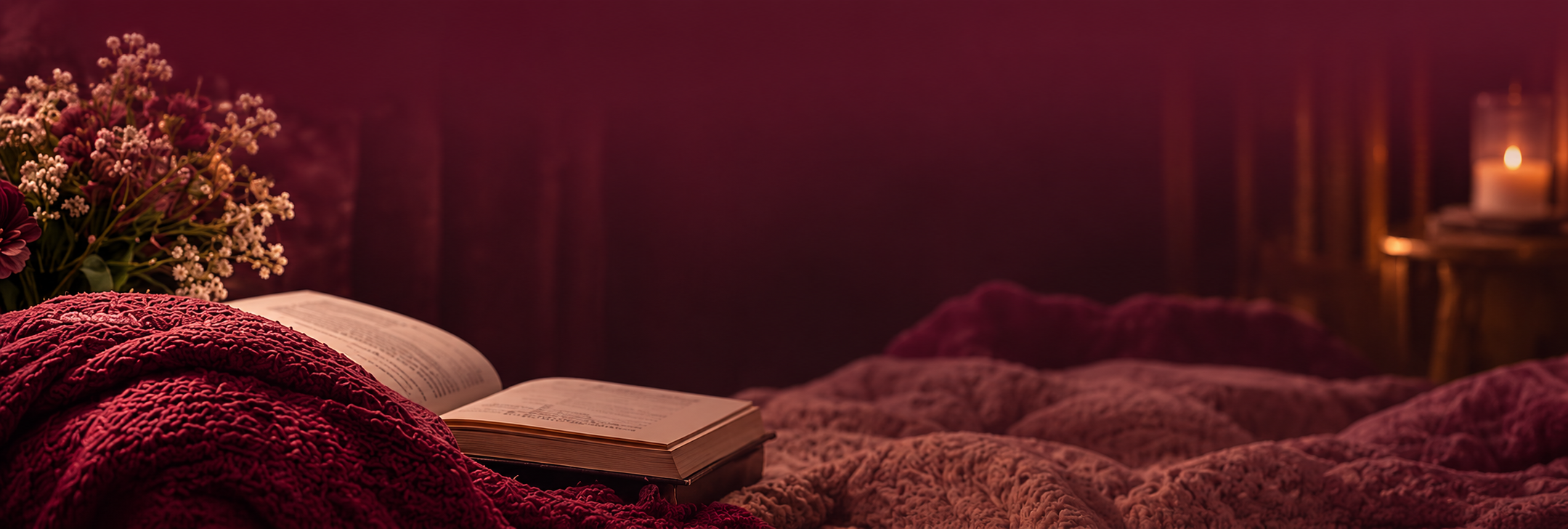Open book and cozy burgundy blankets