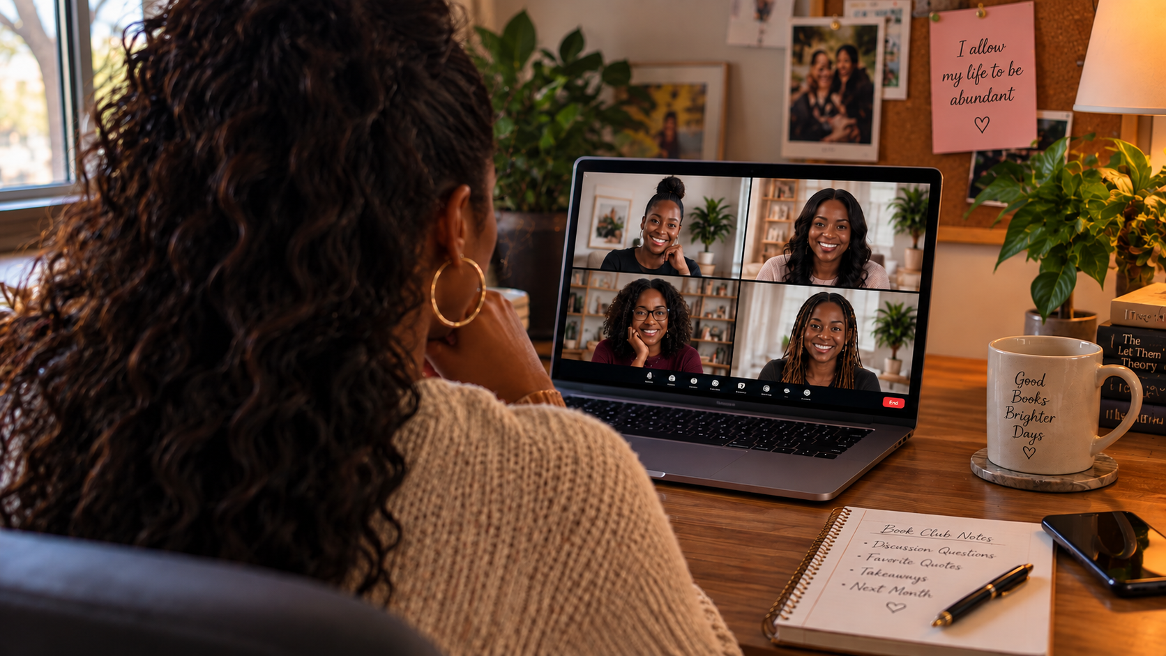 Woman joining a virtual Her Book Society gathering from her desk