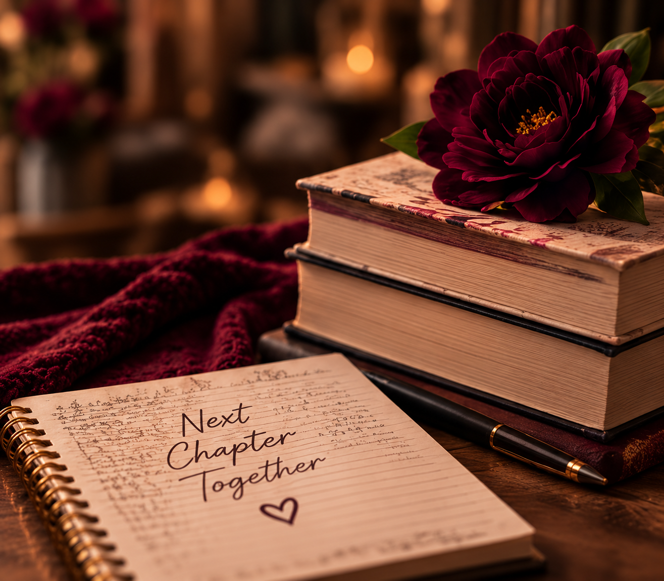 Books, burgundy flower and notebook reading Next Chapter Together