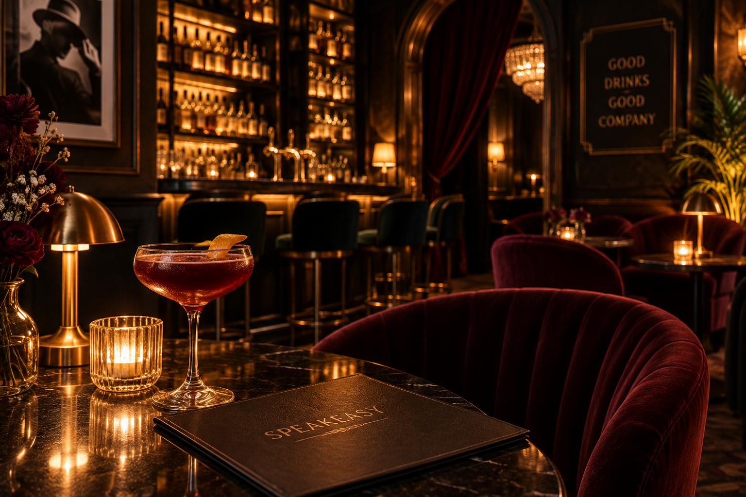 Moody speakeasy lounge interior