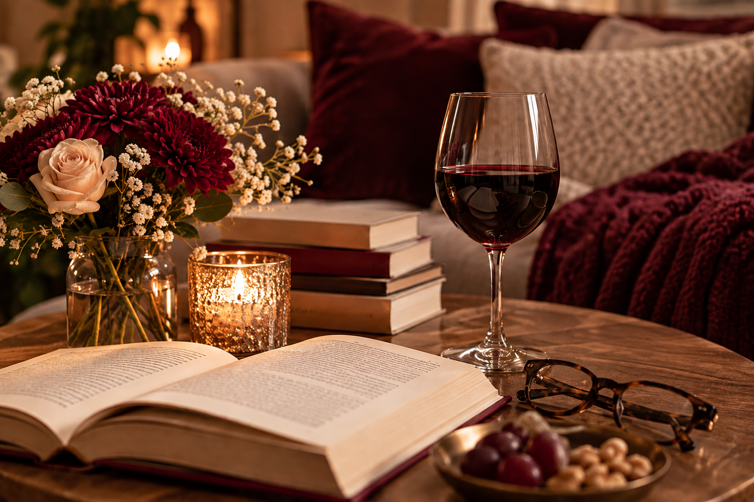 Books, flowers and wine in a warm reading setting