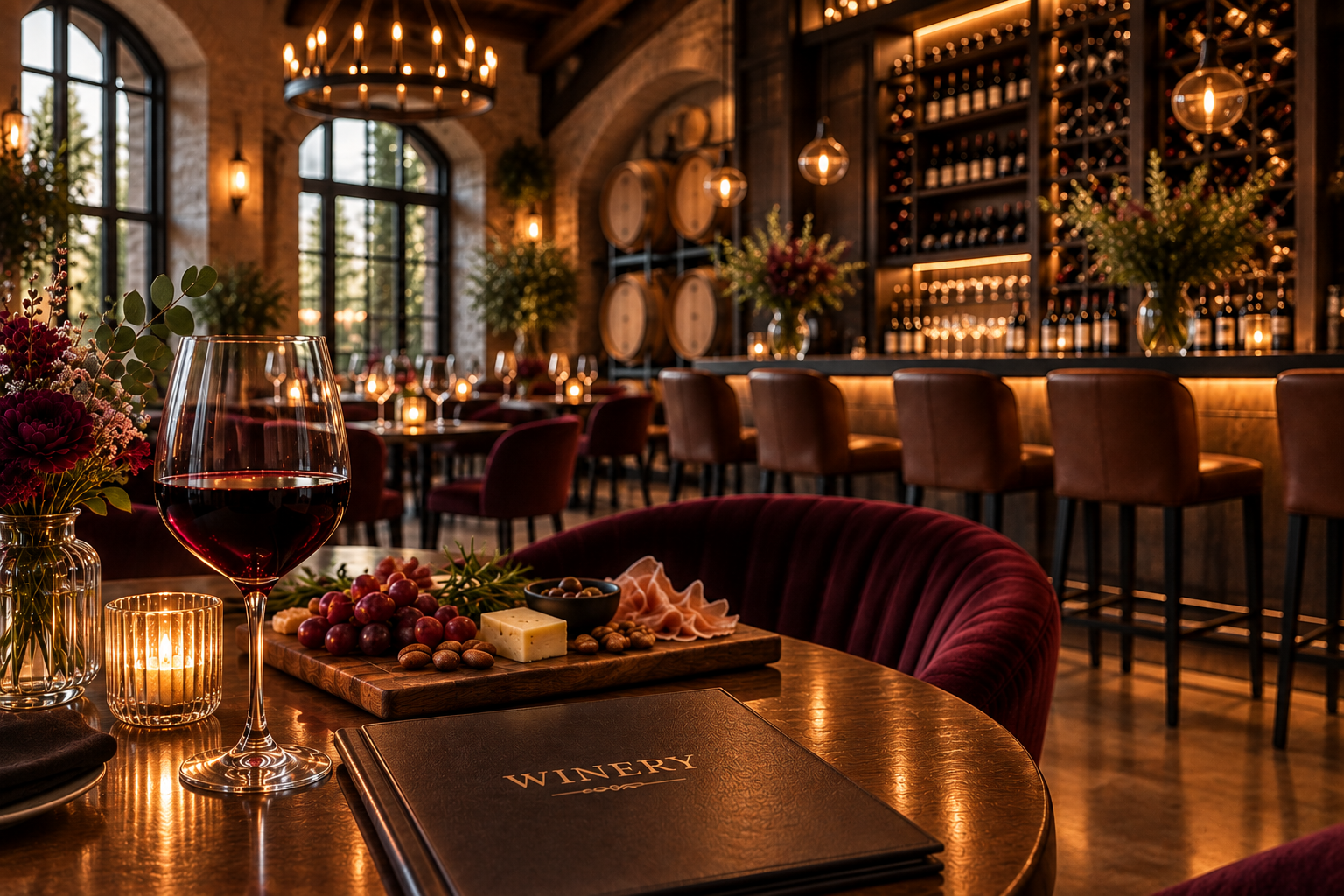 Warm interior of a winery tasting room